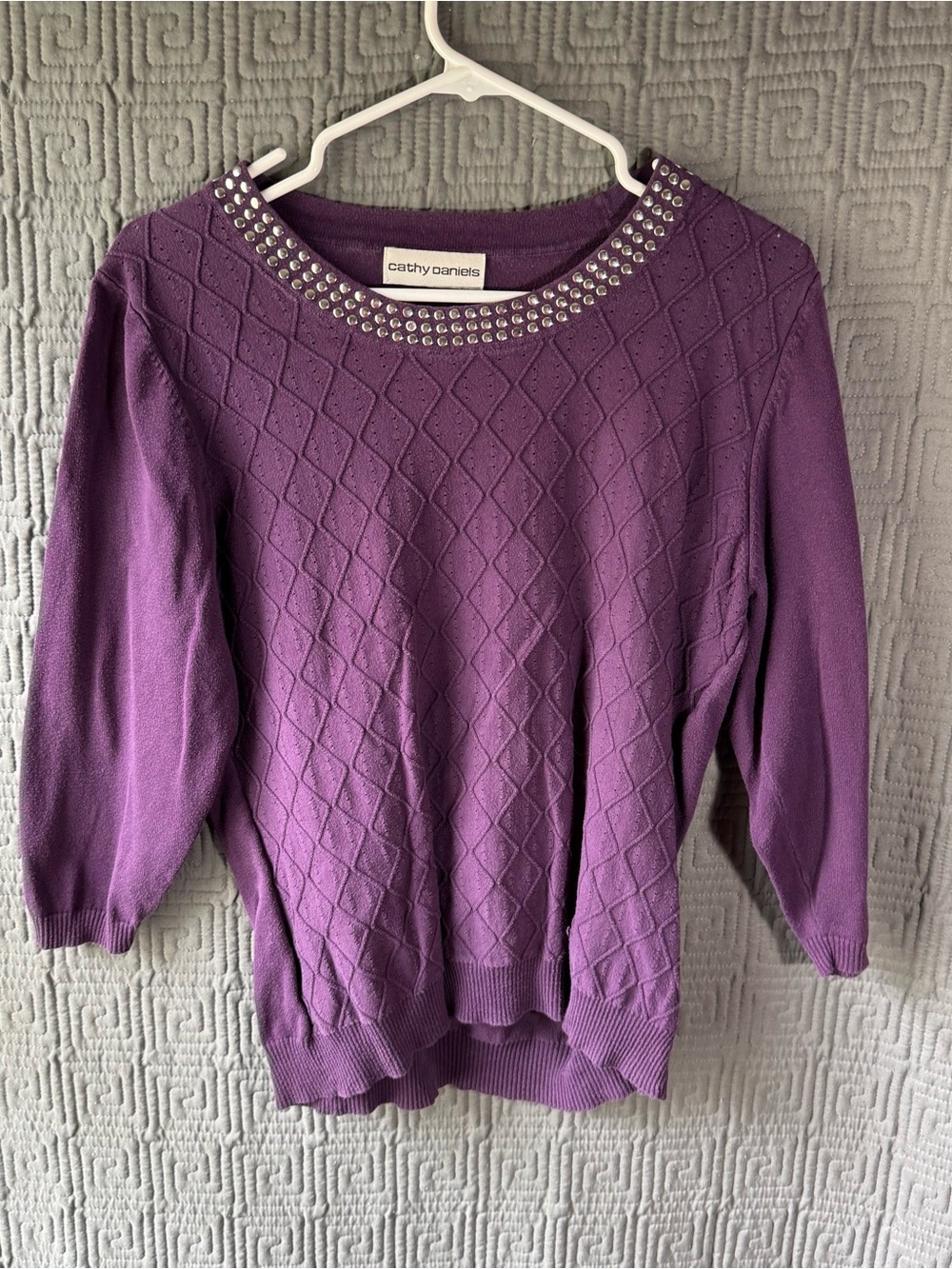 Cathy Daniels Purple Knit Sweater Studded Rhinestone Neck 3/4 Sleeve Medium